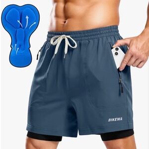 Bikewa Mens Cycling Shorts 2-in-1 Padded Blue 4D Cushion Bike Shorts Large
